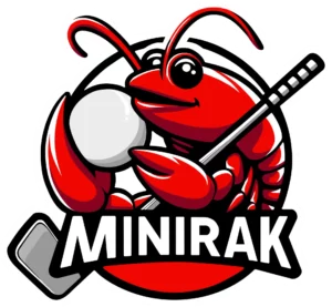 logo minigolfového hřiště v Rakovníku s názvem MINIRAK, zobrazující červeného říčního raka s minigolfovou holí a míčkem