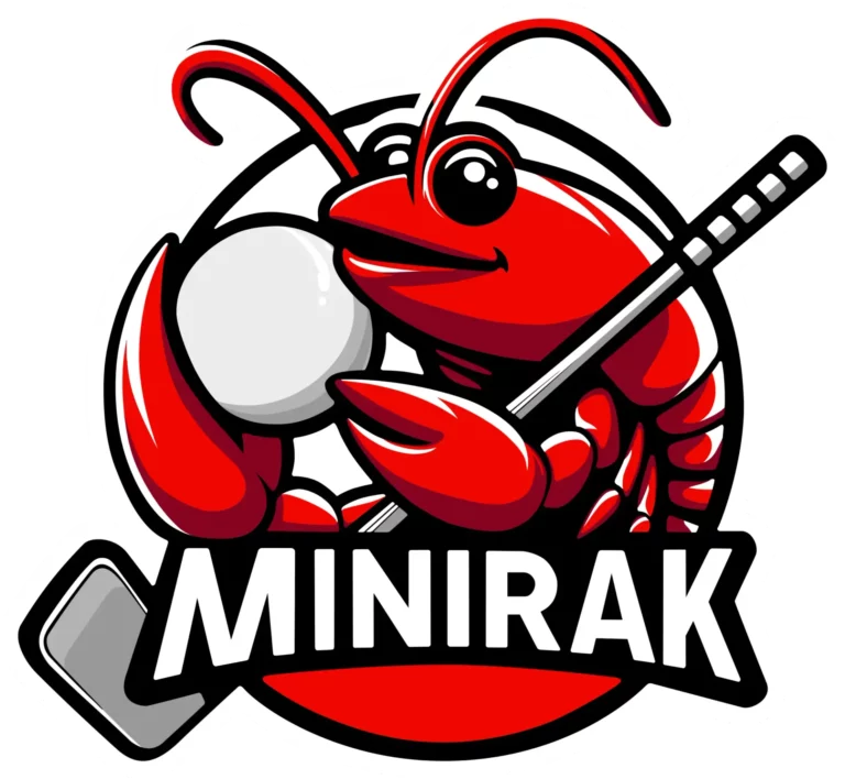 logo minigolfového hřiště v Rakovníku s názvem MINIRAK, zobrazující červeného říčního raka s minigolfovou holí a míčkem
