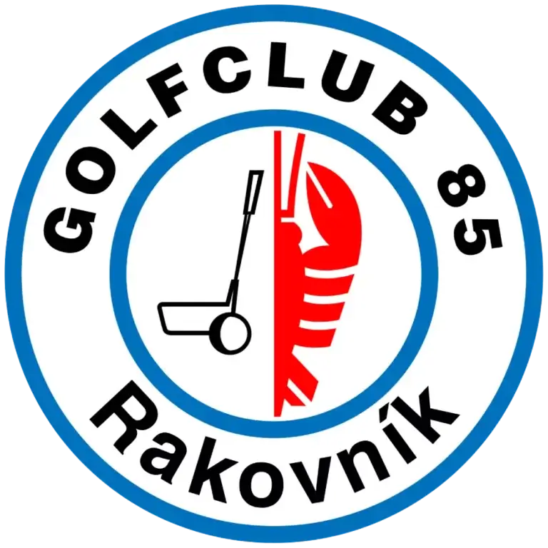logo klubu Golfclub 85 Rakovník. Obsahu název klubu a ve středu hůl s míčkem s polovinu raka v barevném provedení